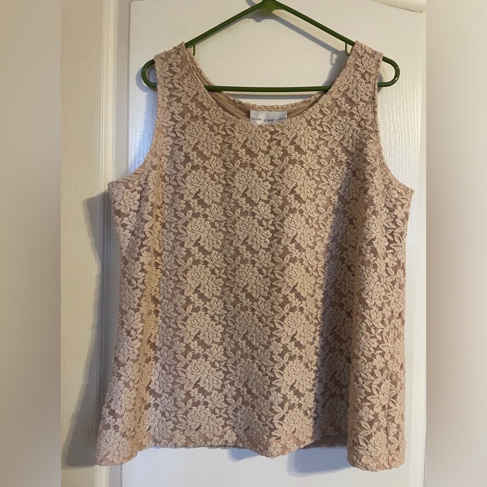 NWT Susan Graver Tan Sleeveless Floral‎ Lace Embroidered Boxy Blouse 1X Cottage